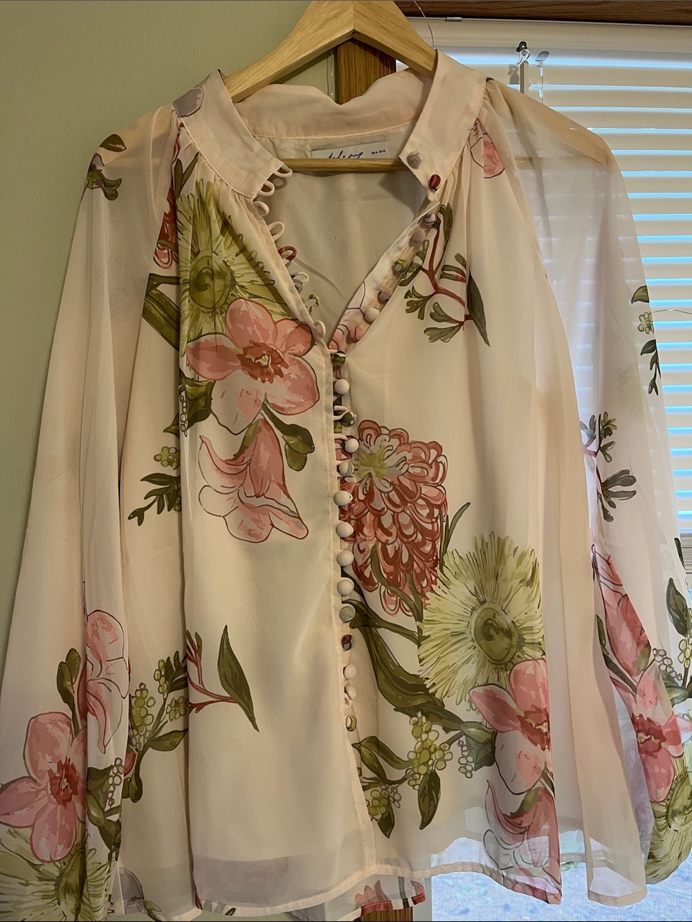 NWOT Printed Sheer Button-Front Floral Blouse - Pink & Green